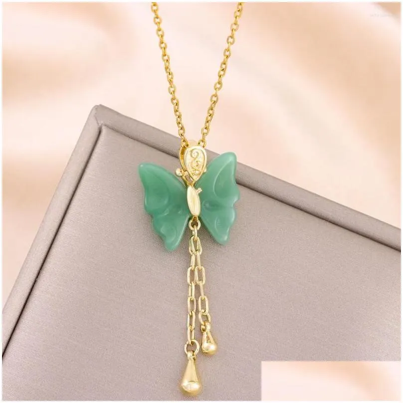 Pendant Necklaces Vintage Elegant Green Butterfly For Women Trendy Female Tassels Neck Chain Jewelry Ladies Party Accessories Drop De Dhuyv