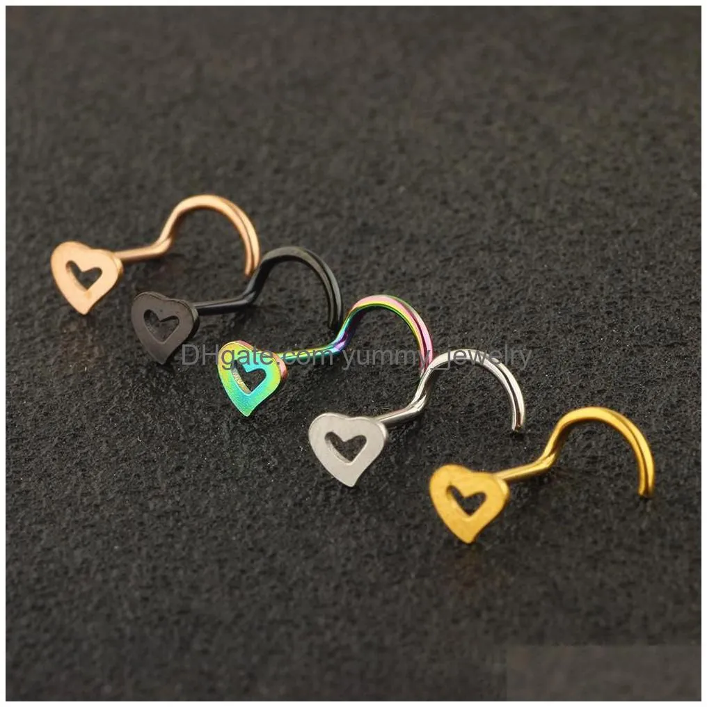 Surgical Steel Heart Nose Stud Rings Screw Bend Piercing Jewelry Women Pin Drop Delivery Dhwog