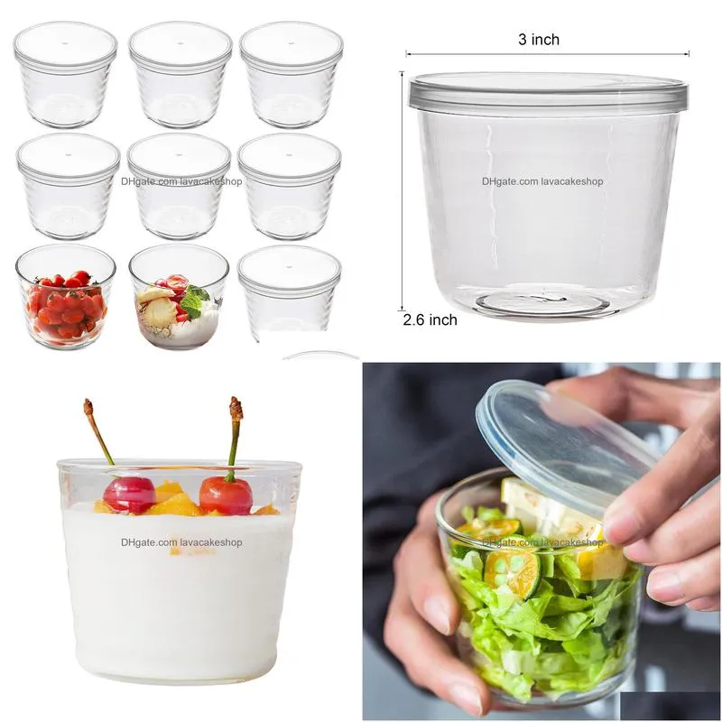 Bowls Glass Bowls With Plastic Lids Clear Pudding Cups Fruits Dish Containers For Salad Dessert Snacks Zer Food Storage Drop Delivery Dhnmw