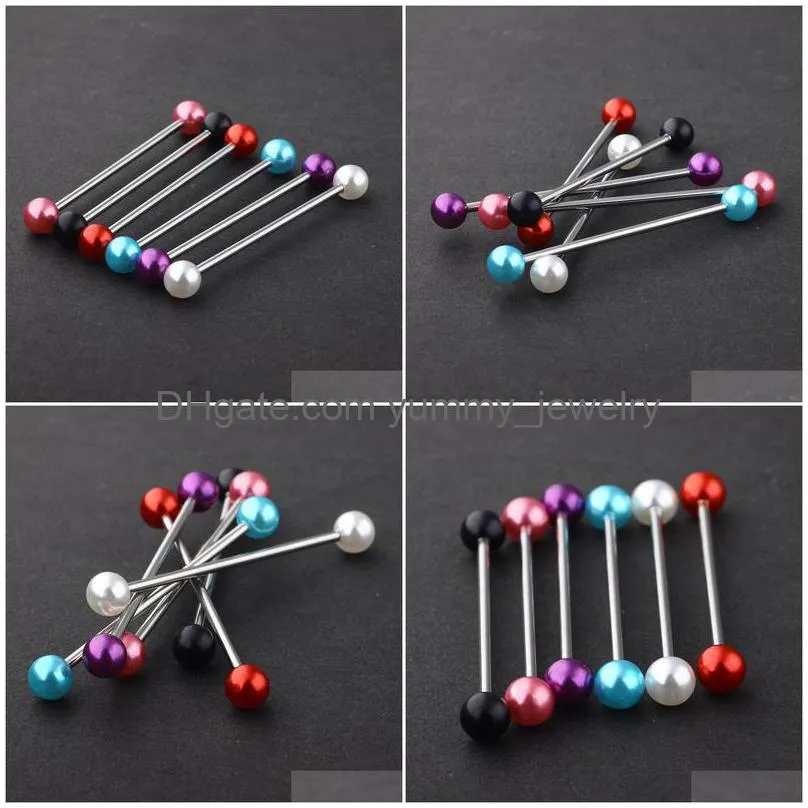 Pearl Acrylic Ball Stainless Steel Industrial Bar Long Straight Barbell Ear Stud Body Jewelry Piercing 100Pcs 14G Drop Delivery Dhmwg