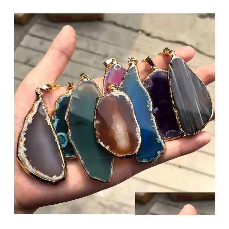 Natural Stone Pendant Necklace Onyx Charms Pendants Mticolor Slice Irregar Agate Crystal Quartz Diy Necklaces For Drop Delivery Otmen