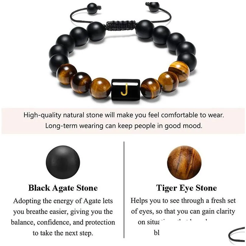 Charm Bracelets Initials Bracelets For Men Letter Link Handmade Natural Black Onyx Tiger Eye Stone Beads Braided Rope Meaningf Bracel Dh07P
