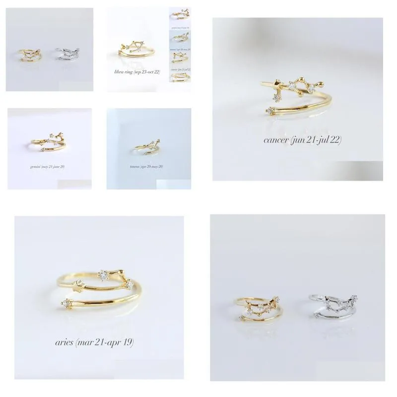 12 Constellations Band Rings Rhinestone Amet Zodiac Signs Gold Sier Colors Fashion Anniversary Jewelry Drop Delivery Ot4Ln