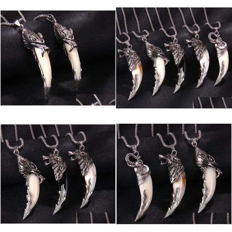 Animal Wolf Tooth Pendent Necklace For Men Long Chain Elephant Dragon Head Necklaces Vintage Jewelry Wholesale Drop Delivery Otq5D