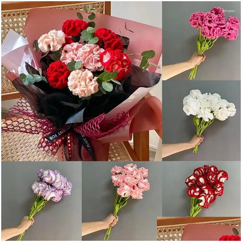 decorative flowers carnations crochet bouquet artificial wedding for bride party decor mother`s day valentine`s gifts