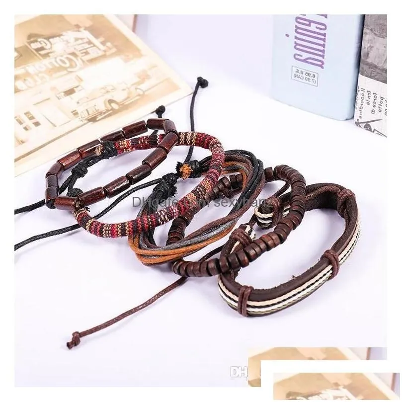 Charm Bracelets Vintage Mtipiece Set Of Handmade Wood Bead Wax Rope Leather Bracelet Male Drop Delivery Jewelry Bracelets Dhd6K