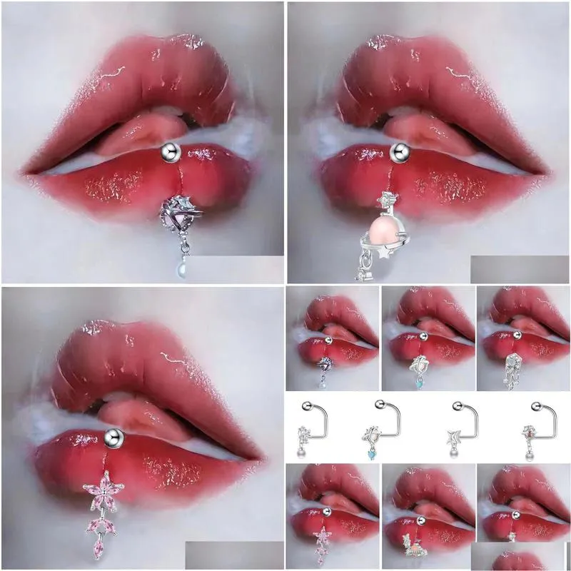 D-Shaped Stainless Steel Pink Pendant Lip Ring Stud Sweet Cool Womens Ear Bone Nail Piercing Jewelry Drop Delivery Dhrfy