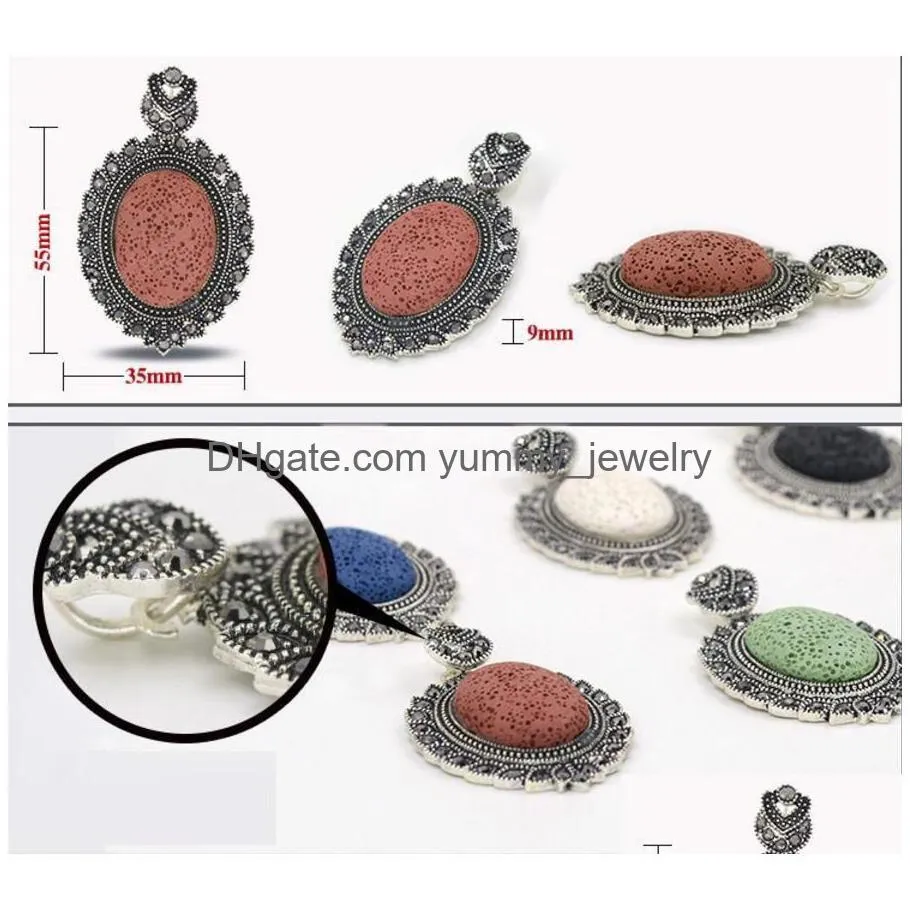 Vintage Crystal Oval Natural Lava Stone Pendant Per Essential Oil Diffuser Charms Ethnic Accessories Diy Necklace Jewelry Drop Delive Dhrkf