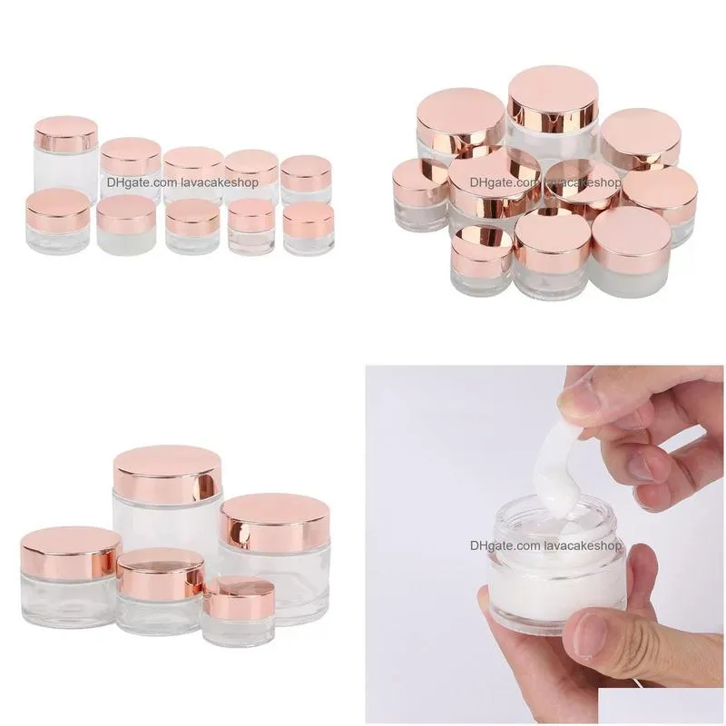 Packing Bottles Wholesale Frosted Glass Cream Jar Clear Cosmetic Bottle Lotion Lip Balm Container With Rose Gold Lid 5G 10G 30G 50G 10 Dh0Iv