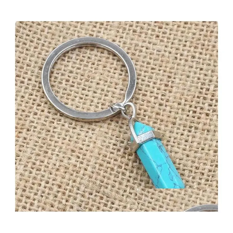 Natural Stone Keychains Hexagonal Prism Quartz Point Healing Crystals Chakra Key Chains Diy Jewelry Accessories Drop Delivery Ote21