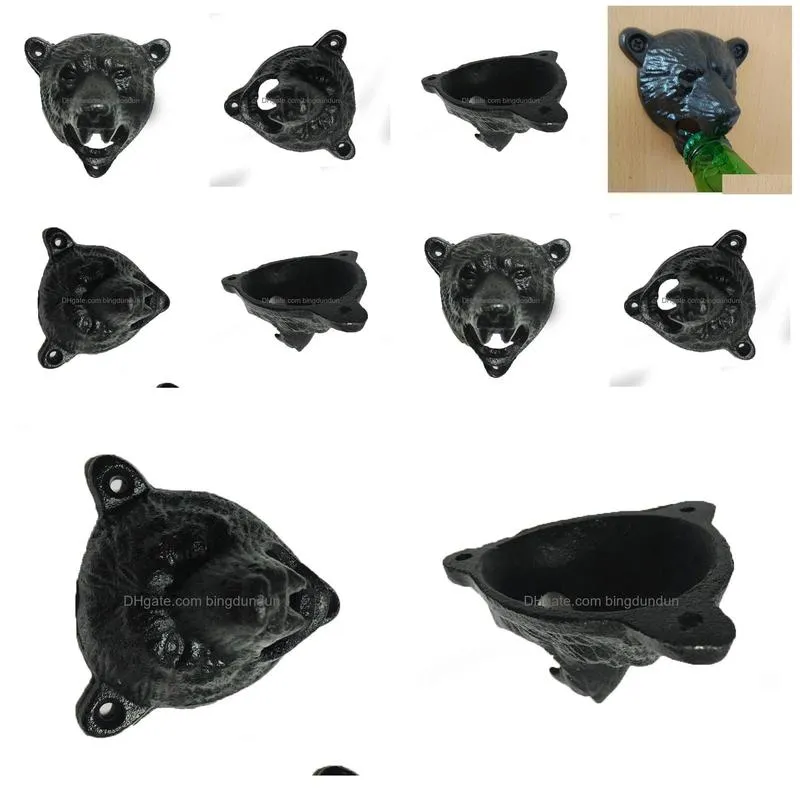 Openers 50Pcs/Lot Vintage Cast Iron Wall Mounted Beer Bottle Opener Antique Old Style Solid Bear Head Openers W Screws Drop Delivery H Dhusx