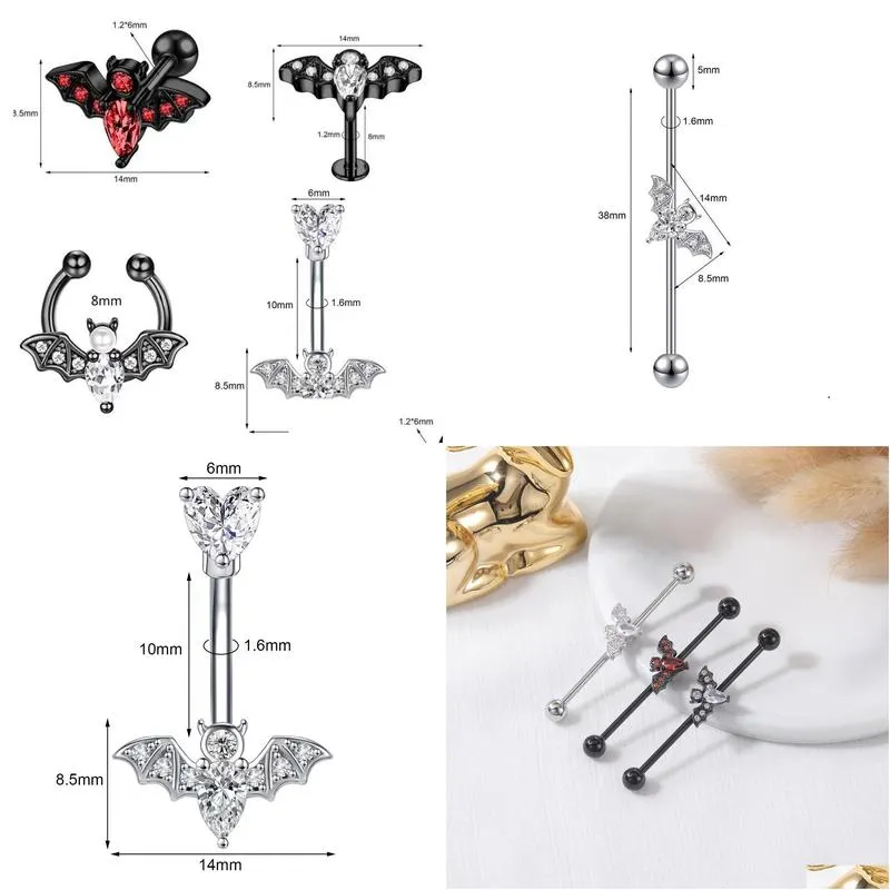 Fashion Punk 5Pcs Stainless Steel Bat Long Pole Lip Stud Nose Ring Belly Button Ear Piercing Jewelry Drop Delivery Dhreg