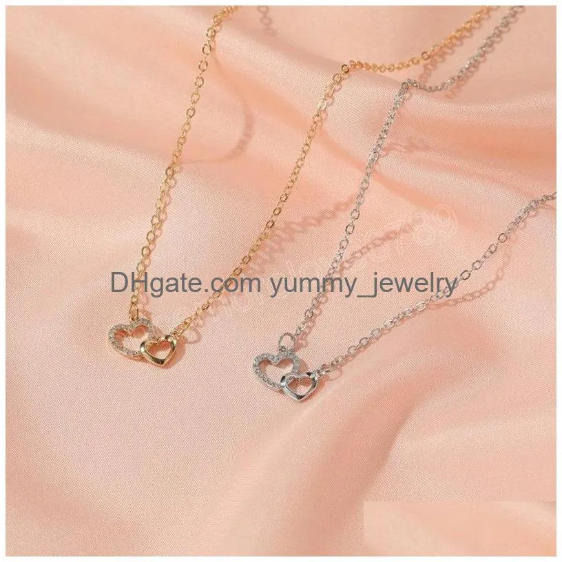 Simple Double Heart Pendant Necklace For Women Exquisite Geometric Love Clavicle Chain Jewelry Birthday Valentines Day Gift Drop Deli Dhfkw