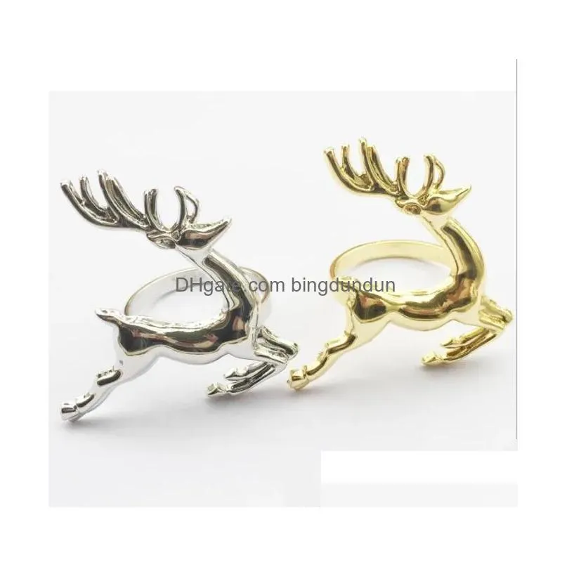 Napkin Rings Wholesale Christmas Deer Napkin Rings Sier/Gold Alloy Buckle Holder El Wedding Party Table Decoration Drop Delivery Home Dhedt