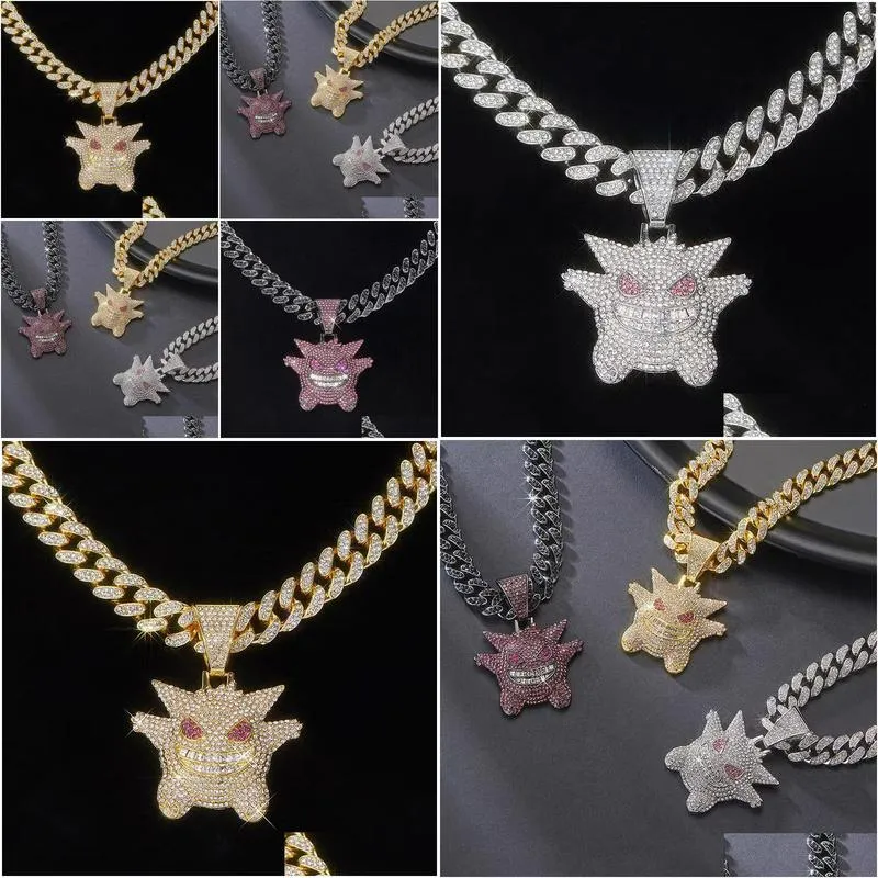 Diamond-Encrusted Elf Hip Hop Pendant Alloy Fl Diamond-Rhinestone Cuban Chain Necklace Jewelry Gift For Men And Drop Delivery Dhi1J