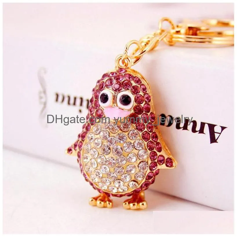 Colorf Cute Bag Keychain Rhinestone Animal Penguin Pendant Car Accessories Key Chains Gold Tone Lobster Clasp Ring Holder Drop Delive Dh0Ya