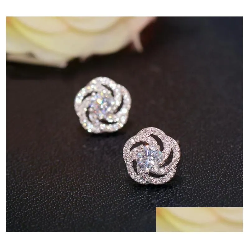 925 Sterling Sier Stud Round Cut White Topaz Cz Diamond Gemstones Women Wedding Rose Flower Earring Gift Drop Delivery Otjfc