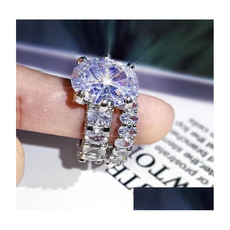 Wedding Rings Sparkling Luxury Jewelry Rings Set Large Oval Cut White Topaz Cz Diamond Gemstones Women Wedding Bridal Ring Gift Drop Dhz5K