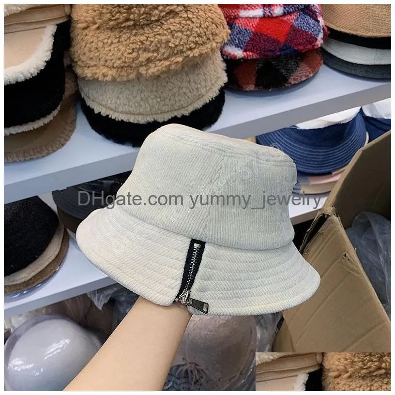 Striped Corduroy Zipper Decoration Fisherman Hats Streetwear Lady Bucket Cap Men Women Leisure Hat Drop Delivery Dhpse