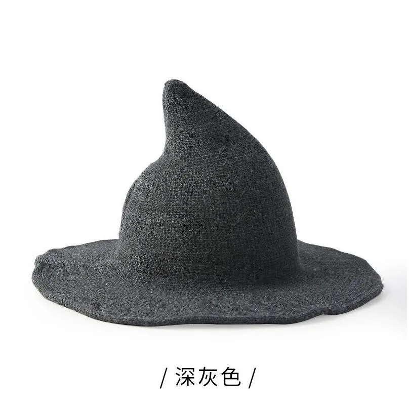 Party Hats Halloween Cosplay Witch Hat Solid Color Wide Brim Wizard Pointy Bucket Cap Winter Warm Faux Wool Knitted Party Masquerade H Dhhlv