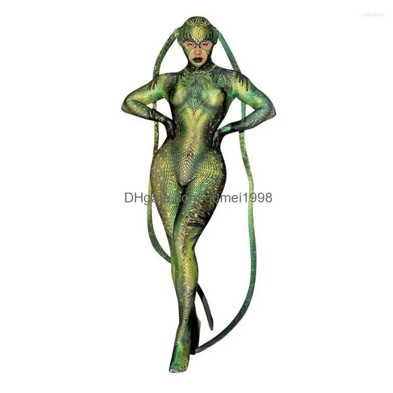 Women`S Jumpsuits & Rompers Womens Jumpsuits Halloween Party Green Alien Animal Cosplay Costumes Women Novelty Role Fl Er Jumpsuit Sh Dhbw1