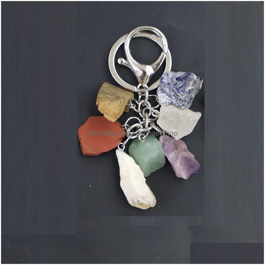 Natural Gravel Stone Set 7 Chakra Key Ring Lobster Clasp Mticolor Yoga Pray Healing Fashion Car Keychain Pendant Jewelry Drop Deliver Dhaoy