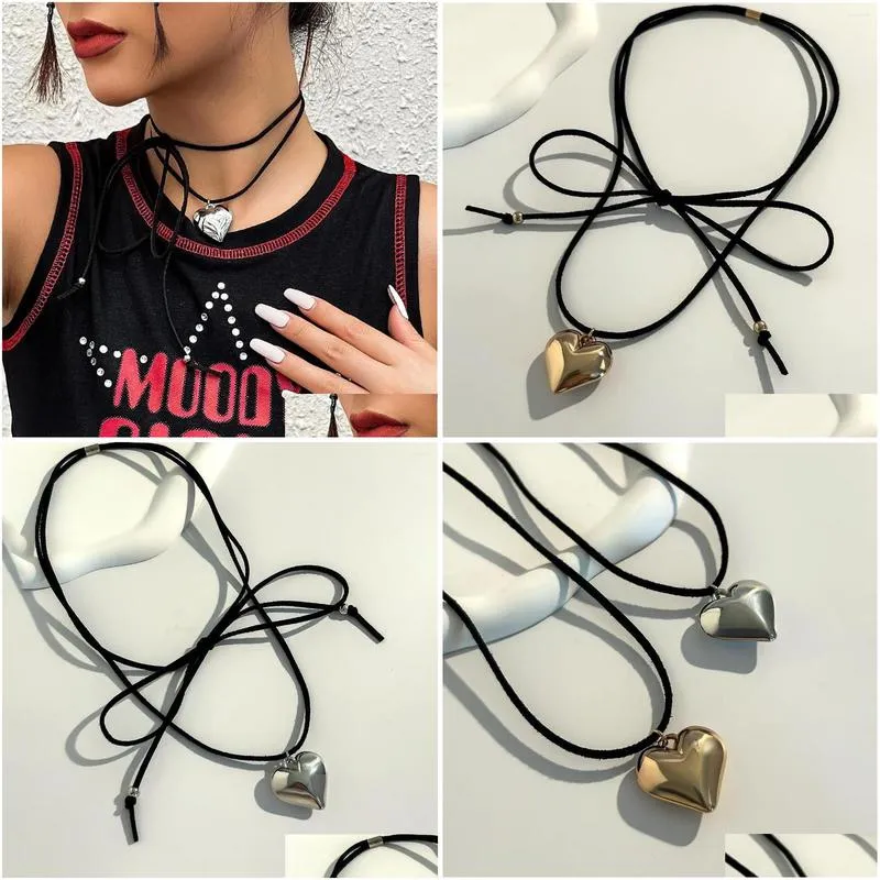 Pendant Necklaces Long Rope Chains With Metal Heart Necklace For Women Trendy Lace Up Choker 2023 Fashion Jewelry On Neck Accessories Dhhck