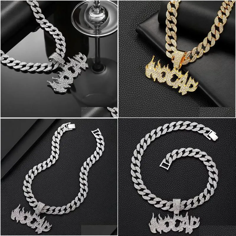Hip Hop Fire Letter Pendant Necklace Mens New Fashion Cuban Punk Metal Rhinestones Fl Of Diamond Party Jewelry Drop Delivery Dhwyv