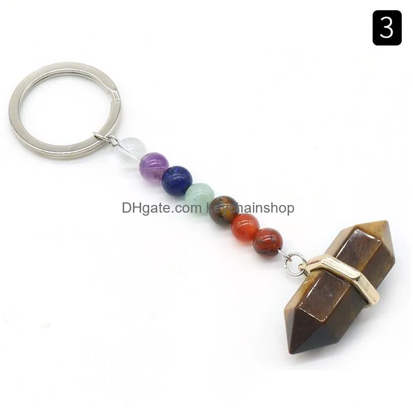 Healing Reiki 7 Chakra Carved Hexagon Prism Natural Stone Key Rings Pendant Keychain Crystal Chakras Quartz Chains Jewelry Accessorie Dhoqq