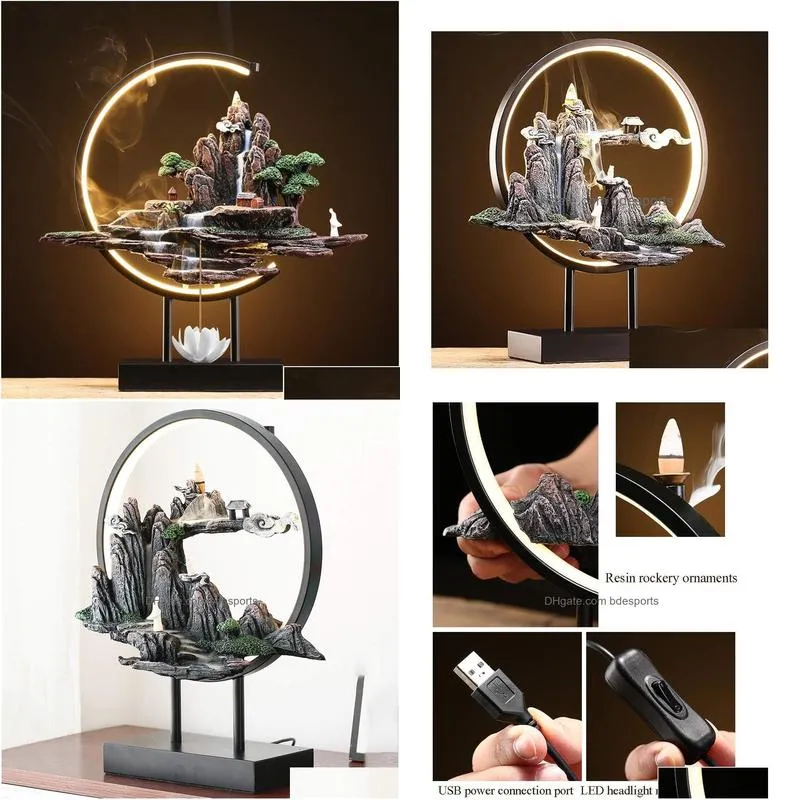 Chinese Style Products Incense Holders Chinese Style Backflow Burner Led Light Ring Lotus Insert Resin Rockery Ornaments Perfect Home Dhsdf