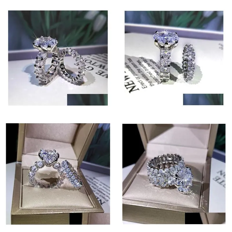 Wedding Rings Sparkling Luxury Jewelry Rings Set Large Oval Cut White Topaz Cz Diamond Gemstones Women Wedding Bridal Ring Gift Drop Dhz5K