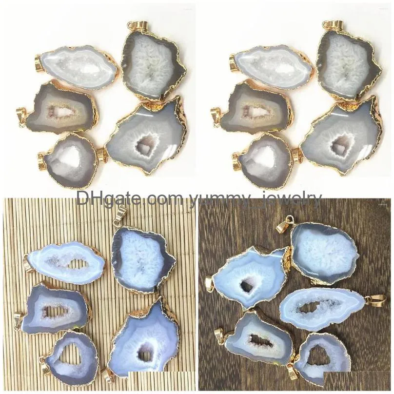 Pendant Necklaces 5Pcs Natural Stone Brazilian Electroplated Edged Slice Open White Agates Geode Drusy Druzys For Necklace Jewelry Dr Dhakl