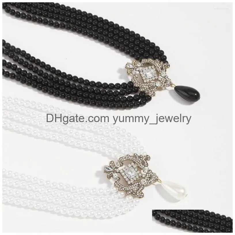 Pendant Necklaces Crystal-Encrusted Mti-Row Pearl Necklace Europe And The United States Exaggerated Breath Short Style Neck Drop Deli Dhj7M