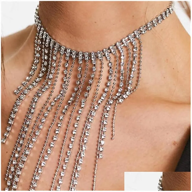 Pendant Necklaces Luxury Shine Rhinestone Longassel Necklace Elegant Fashion Crystal Collarbone Chain Claw Ladies Wedding Drop Delive Dhdho