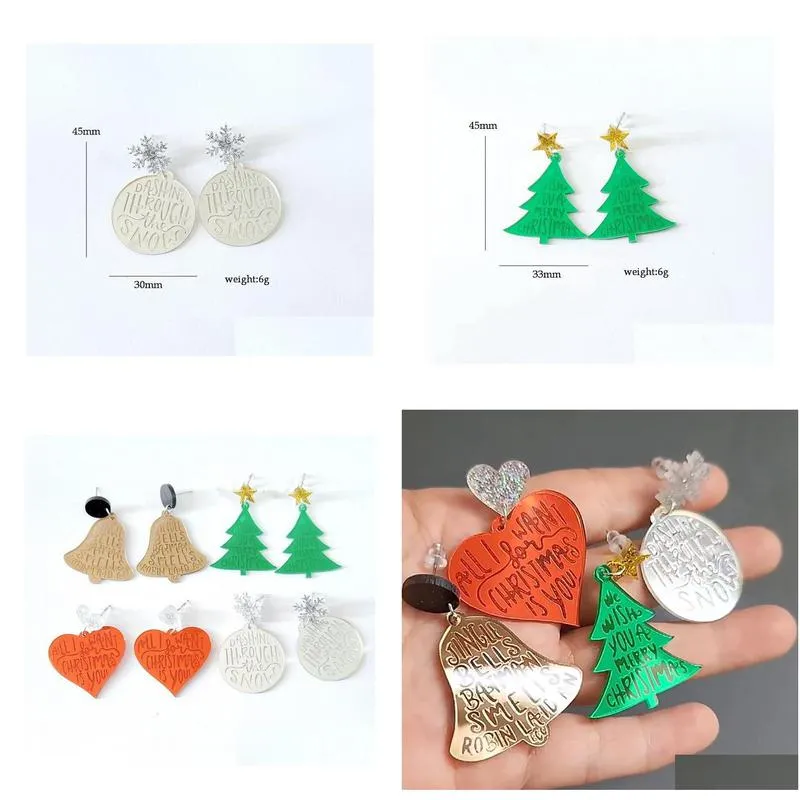 Cute Fashion Dangle Earrings Acrylic Heart Bells Christmas Tree For Women Girls Xmas New Year Drop Delivery Otcgt