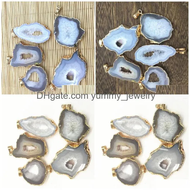 Pendant Necklaces 5Pcs Natural Stone Brazilian Electroplated Edged Slice Open White Agates Geode Drusy Druzys For Necklace Jewelry Dr Dhakl