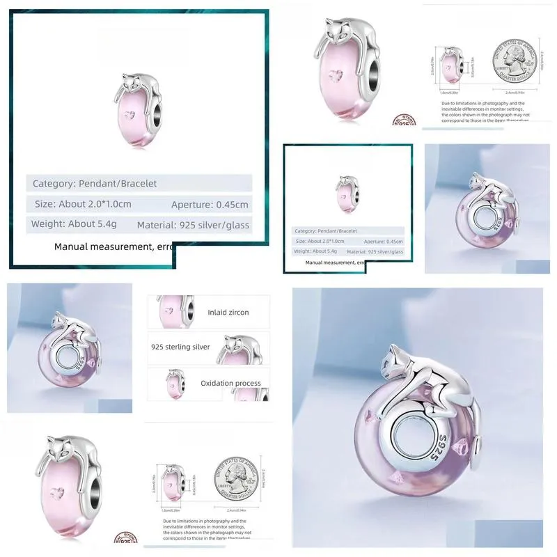 S925 Sterling Sier Glass Cat Beaded Bracelet Pendant Diy Pink Cute Drop Delivery Dhq6D