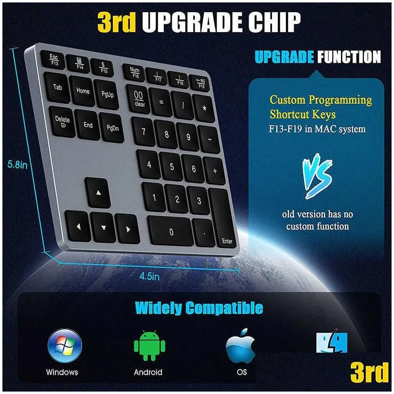 wireless number pad rechargeable bluetooth numeric keyboard for  windows 35-keys aluminum numpad keypad for accountants hkd230825.