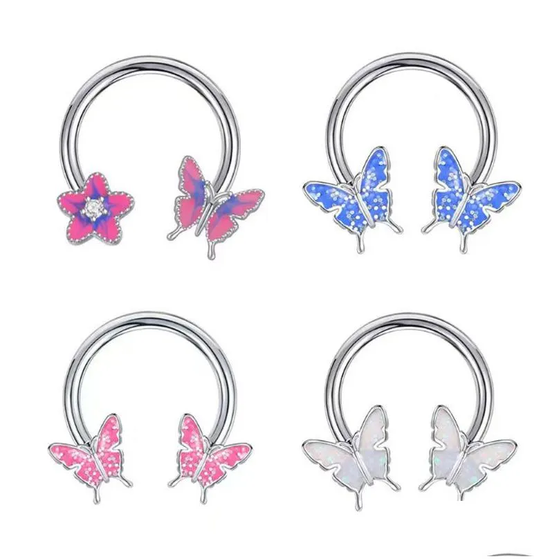 8Pcs Stainless Steel Oil Drip Butterfly Nose Ring Glitter Ear Bone Horseshoe Womens Piercing Jewelry Drop Delivery Dhl2A