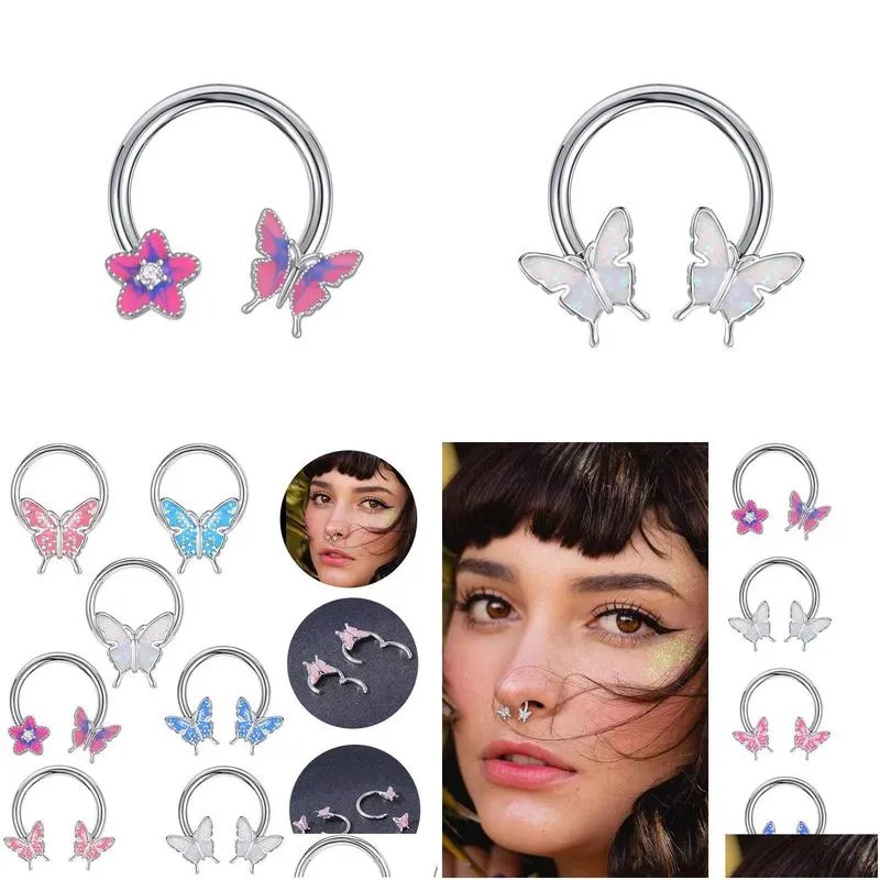 8Pcs Stainless Steel Oil Drip Butterfly Nose Ring Glitter Ear Bone Horseshoe Womens Piercing Jewelry Drop Delivery Dhl2A