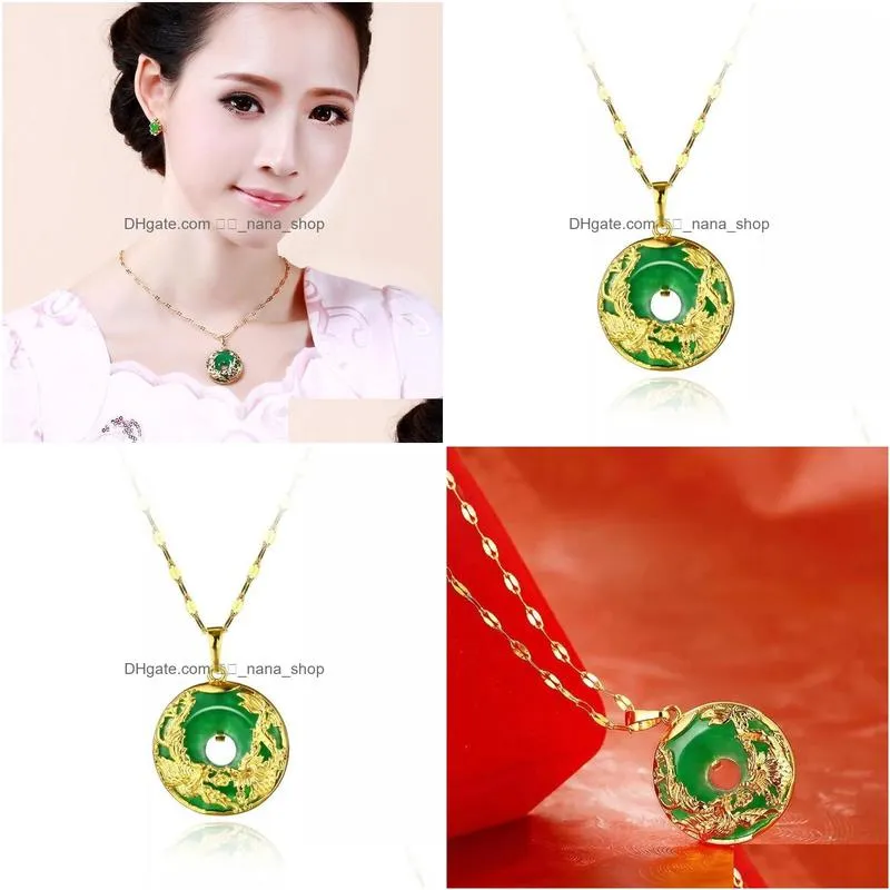 Pendant Necklaces Necklaces Pendant Mgfam 173P Dragon And Phoenix Necklace For Women Green Malaysian Jade China Ancient Mascot 24K Gol Dhkpo