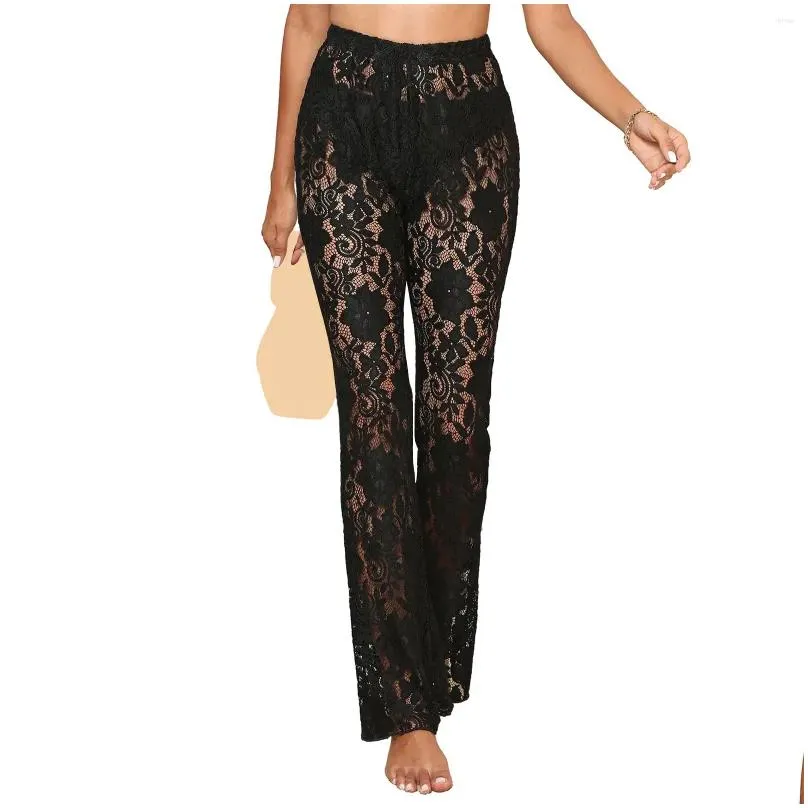 women`s pants women sexy lace see through sheer mesh high waist stretchy slim trouser hollow out skinny flare bell-bottoms