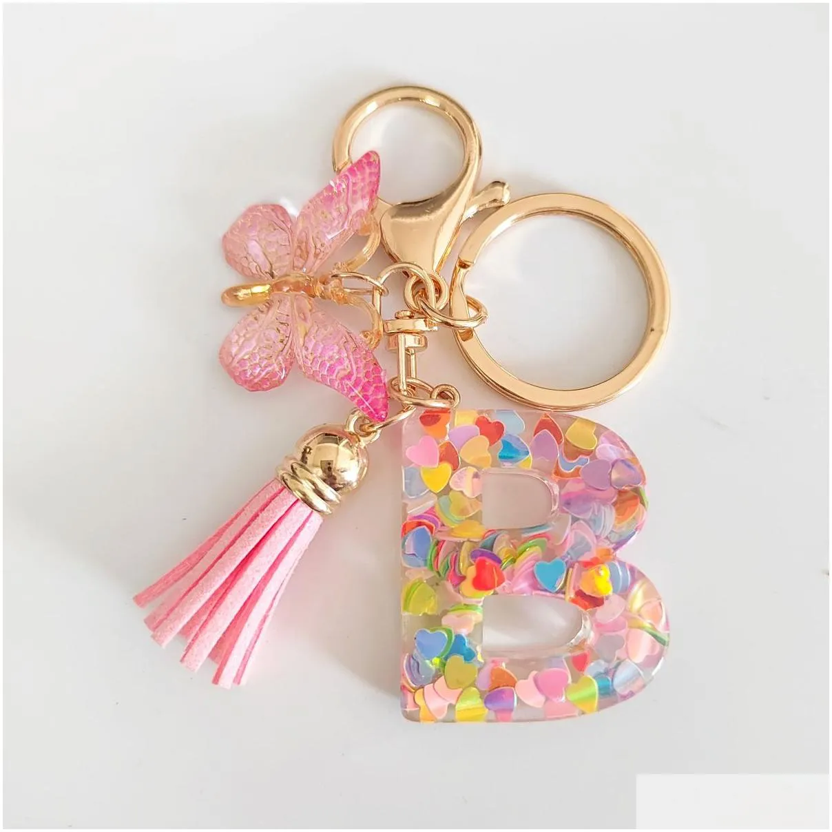 Key Rings Initial Pink Letter Keychains For Girls Women Cute Butterfly Heart Keychain Backpack School Bag Drop Delivery Jewelry Dhl82