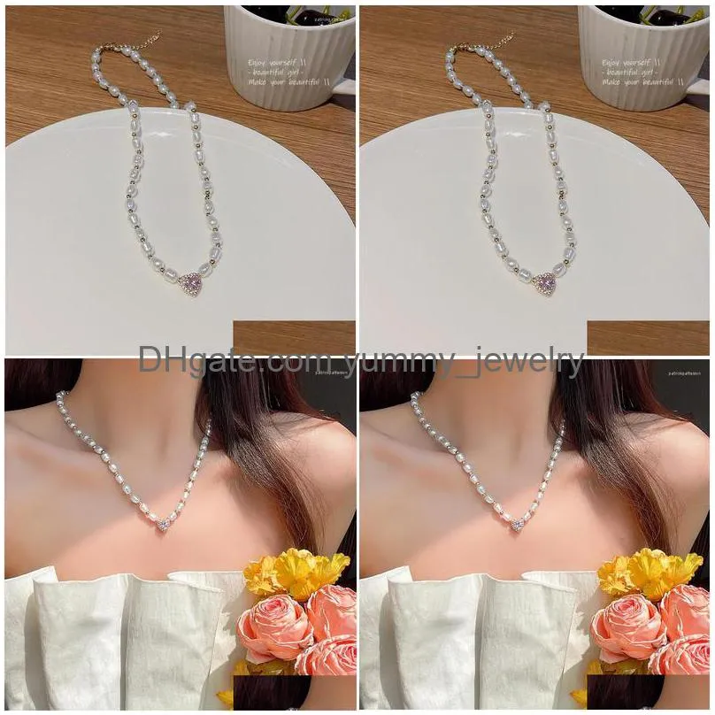 Pendant Necklaces French Elegant Pearl Necklace For Women Trendy Exquisite Pink Zircon Heart Neckchain Female Fashion Collarbone Drop Dhvai