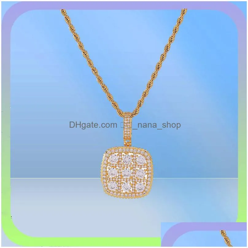 Pendant Necklaces Shiny Solitaire Square Military Army Cluster Pendant Necklace Chain Gold Sier Cubic Zirconia Men Hip Hop Jewelry For Dhfjd