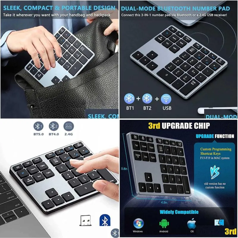 wireless number pad rechargeable bluetooth numeric keyboard for  windows 35-keys aluminum numpad keypad for accountants hkd230825.