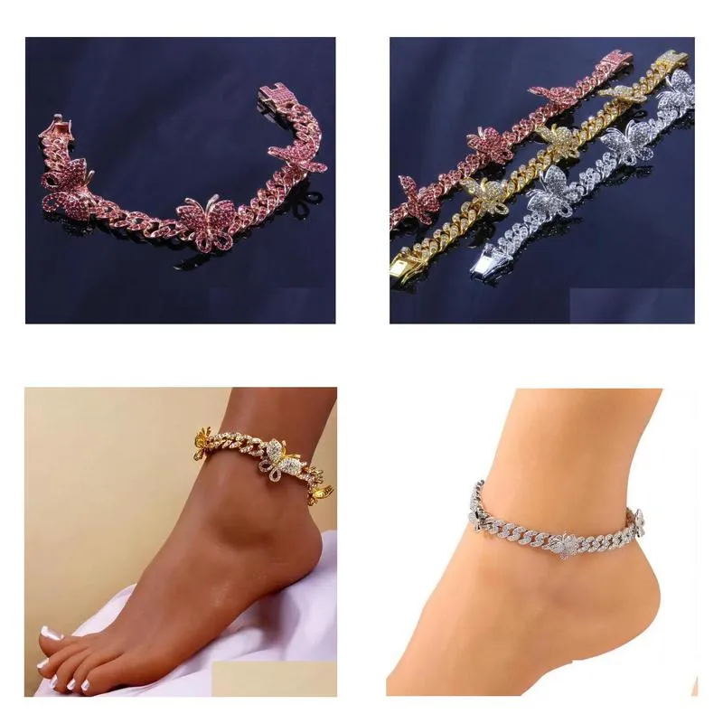 Iced Out Diamond Women Anklets Rhinestone Cuban Link Anklet Gold Sier Pink Butterfly Bracelets Jewelry Drop Delivery Ot5Ya