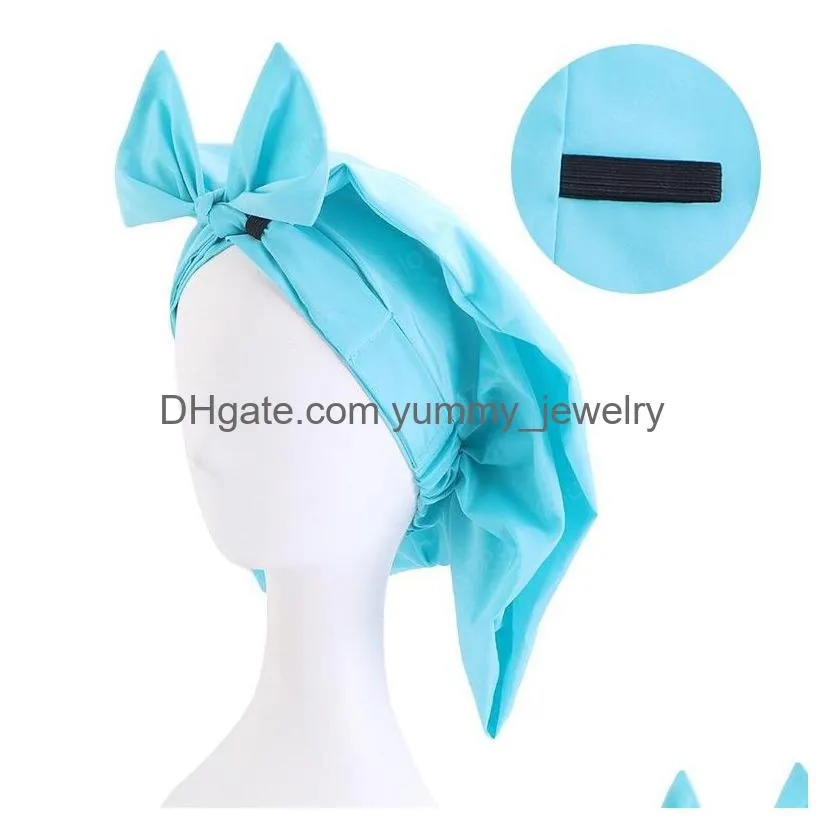 Big Bow Satin Bonnet Long Hair Hats Knotted Waterproof Shower Cap Women Night Sleep Hat Head Er Drop Delivery Dhmhu