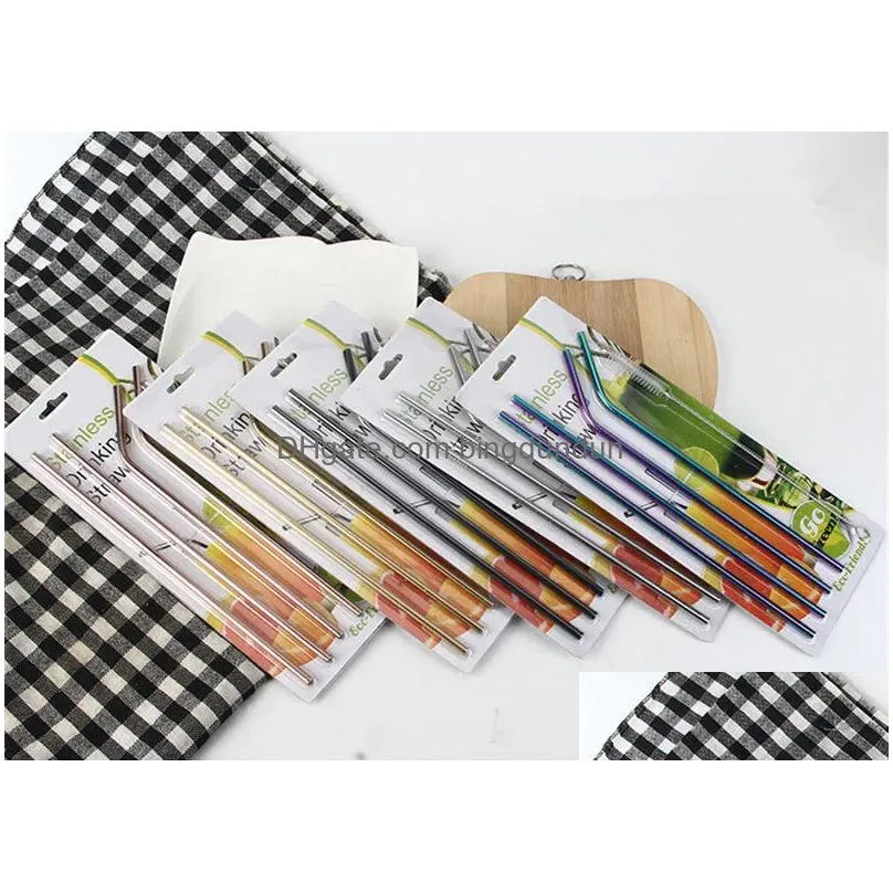 Drinking Straws 100Set/Lot Color Stainless Steel St Set Mirror Polished Sucker Beverages Curved Drinks 4 And 1 Drop Delivery Home Gard Dhaqy