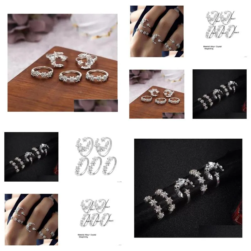Band Rings Boho Star Open Rings Set Sier Moon Joint Knuckle Ring Crystal Finger Jewelry For Women And Drop Delivery Jewelry Ring Dh5Id